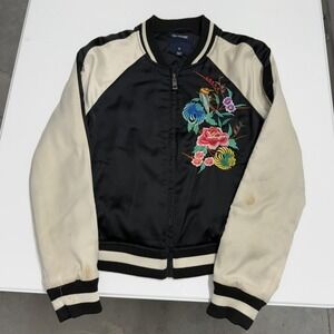 True Religion womans Embroidered Floral Bird Bomber Jacket Black Cream XS